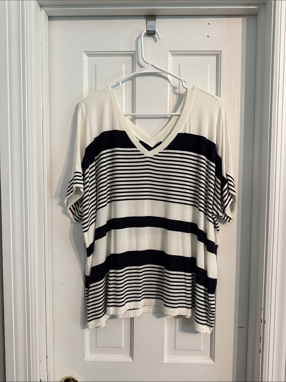 CAbi Black & White Striped V-Neck Short Sleeve Top